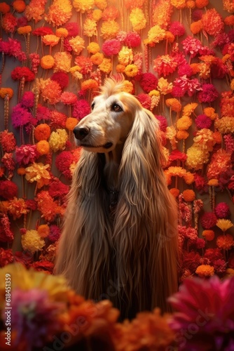 AI generated illustration of an Afghan Hounddog sitting among a stunning array of vivid wildflowers photo