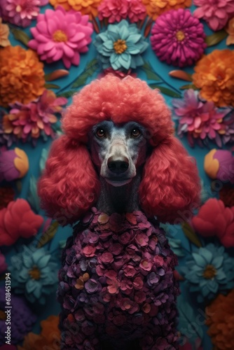 AI generated illustration of a Poodle dog sitting among a stunning array of vivid wildflowers © Awukar/Wirestock Creators