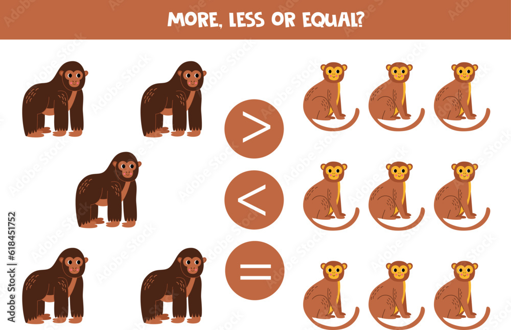 Fototapeta premium More, less or equal with cartoon gorillas and monkeys.