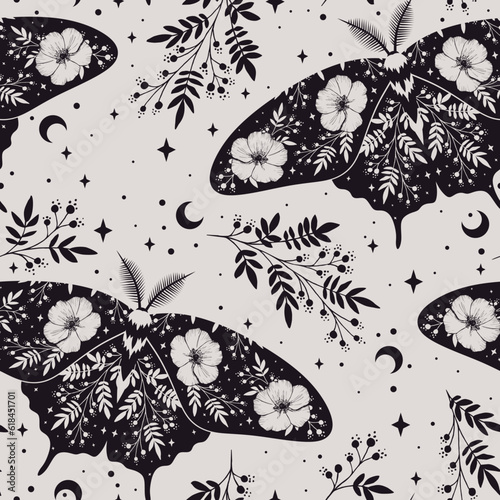 Butterflies, flower and leaves vector seamless pattern. Night butterfly nature illustration. Boho insect background.