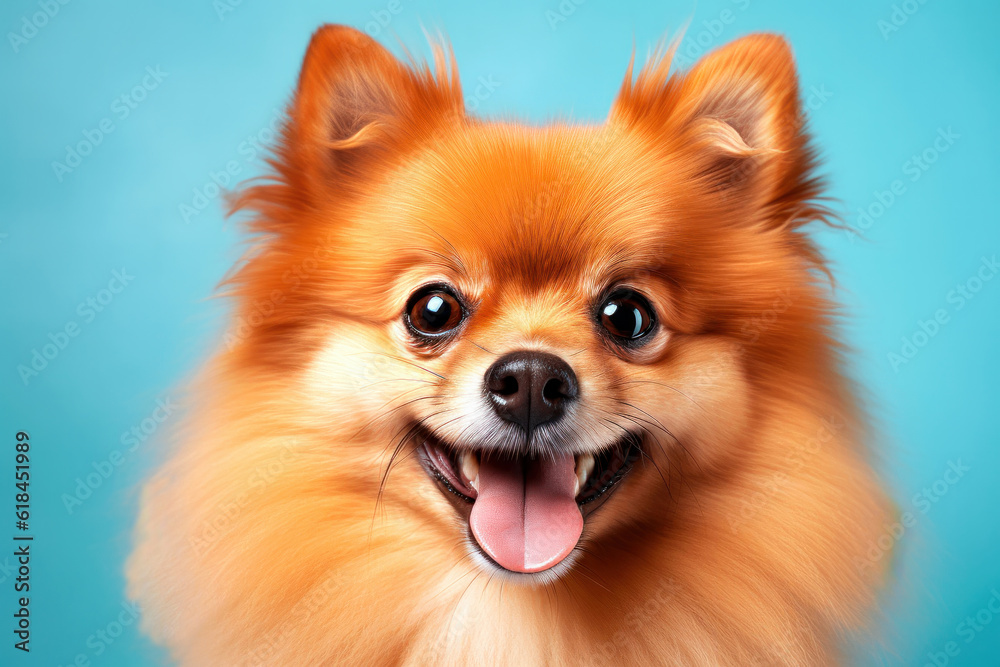 Portrait of a cute fluffy Pomeranian spitz on a blue background. A small smiling dog looks at the camera. Generated AI.