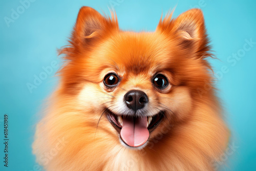 Portrait of a cute fluffy Pomeranian spitz on a blue background. A small smiling dog looks at the camera. Generated AI. © Anastasiya
