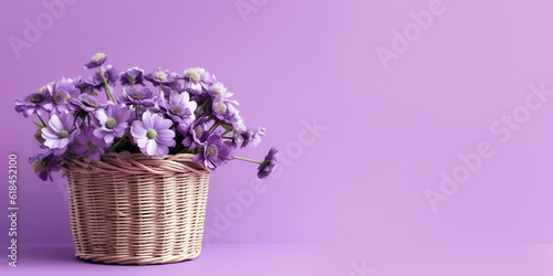 Wicker basket with spring flowers on purple background with copy space © ardanz