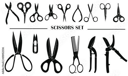 Different scissors types vector illustration in silhouette style. Black Scissor vector set icon on white background. Open, closed cutting scissors or nippers collection.