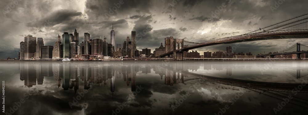 Breathtaking view of the Manhattan cityscape under a gloomy dark sky