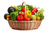 Assorted organic vegetables and fruits in wicker basket isolated PNG