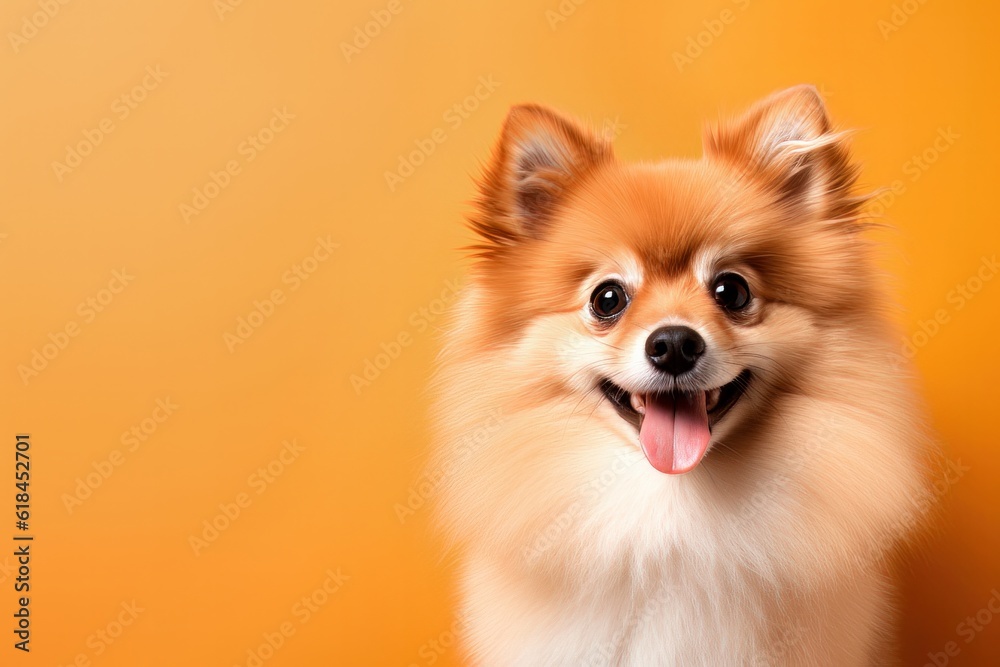 Portrait of a cute fluffy Pomeranian spitz on a orange background. A small smiling dog looks at the camera. Copy space. Generated AI.