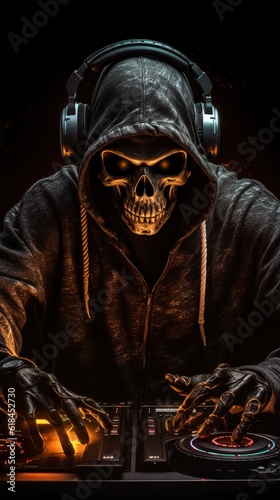 Skull skeleton dj Headphones in halloween party playing to music. with copy space