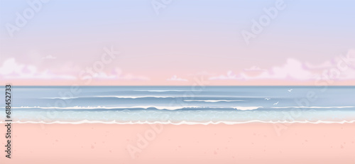 Vector beautiful realistic illustration of sandy summer beach. Summer sea background. Tropical resort