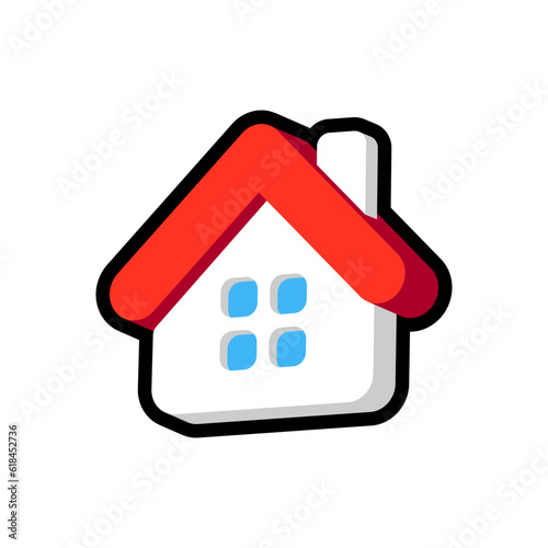 Isolated flat 3d house icon for game, interface, sticker, app. The sign in a cartoon style for match 3 or hyper casual. The sprite can be used like a craft element in hyper casual mobile game