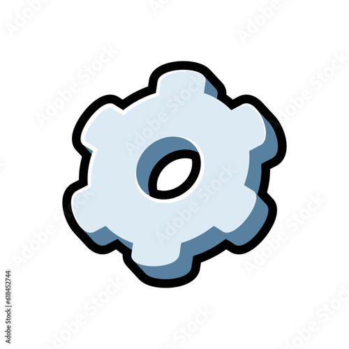 Isolated flat 3d cog icon for game, interface, sticker, app. The sign in a cartoon style for match 3 or hyper casual. The sprite can be used like a craft element in hyper casual mobile game
