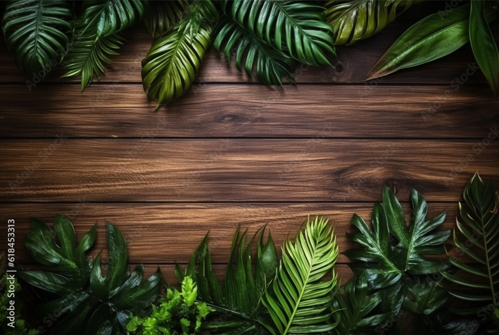 Top view of tropical leaves on wooden table for background. generative ai