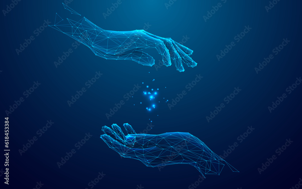 Two Digital Hands Holding Something. Blue Low Poly Wireframe Illustration on Dark Blue Background. Technology Concept. Abstract Human Gestures in Polygons, Connected Glowing Dots, Lines, and Triangles