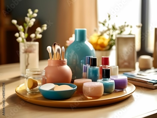 Array of cosmetic products displayed on a tray. AI-generated.