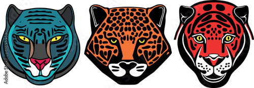 Vector illustration of three colorful wild jaguar heads on the white background