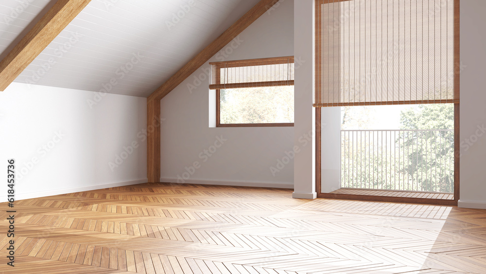Obraz premium Empty room interior design, open space with parquet floor, wooden sloping ceiling and panoramic windows, white walls, modern japandi architecture concept idea