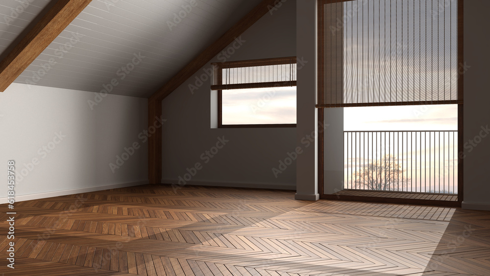 Dark late evening scene, empty room interior design, open space with parquet floor, wooden sloping ceiling and panoramic window, modern japandi architecture concept idea