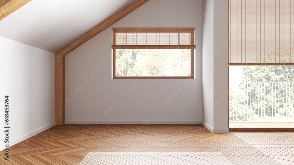 Obraz premium Empty room interior design, open space with parquet floor, wooden sloping ceiling and panoramic windows, white walls, modern japandi architecture concept idea