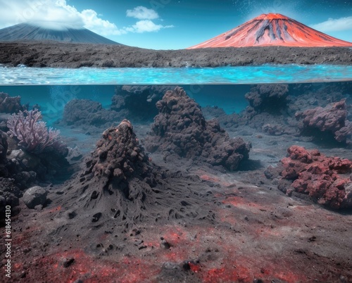 concept of the formation of a volcano under water. generative ai