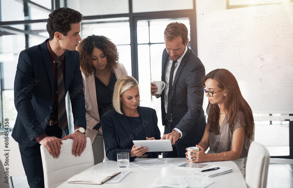 Business people, corporate meeting with tablet and planning ideas in collaboration on project proposal or pitch. Teamwork, strategy and online workshop, men and women with target management in office