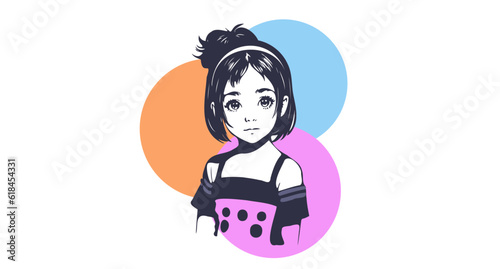 Vector portrait of a cute beautiful kawaii young girl in a sundress on a background of colored circles. White isolated background