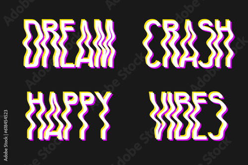 Set of neon glitch lettering. 3D blurry fluid lettering with a trendy glitch effect on a dark background. Fashionable distorted lettering, ideal for printing on postcards and clothing.