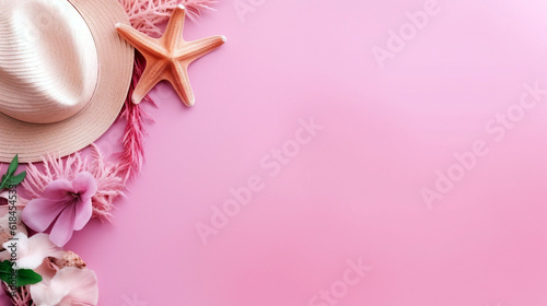 Summer straw hat, seashells and palm leaf on pink background