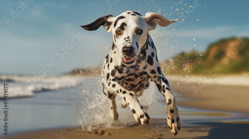 Close up photo of a Dalmatian dog Jumping on the beach