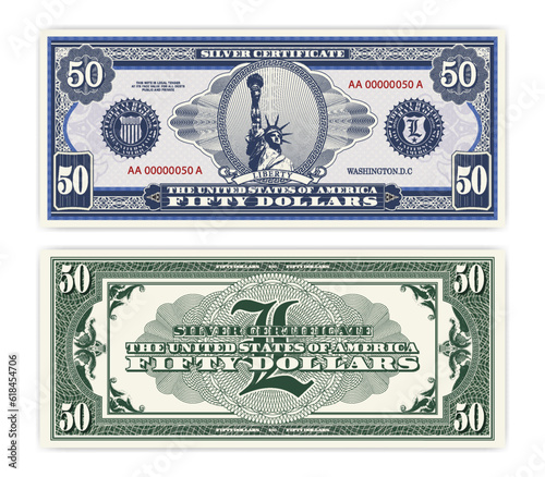 Vector blue banknote obverse and green reverse silver certificate of 50 US dollars. Oval, liberty and guilloche frame. American paper fictional money.