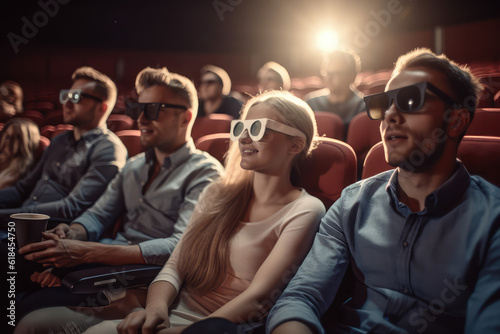 People sitting at cinema, watching 3D film, smiling. joyful people watching 3d movie in cinema
