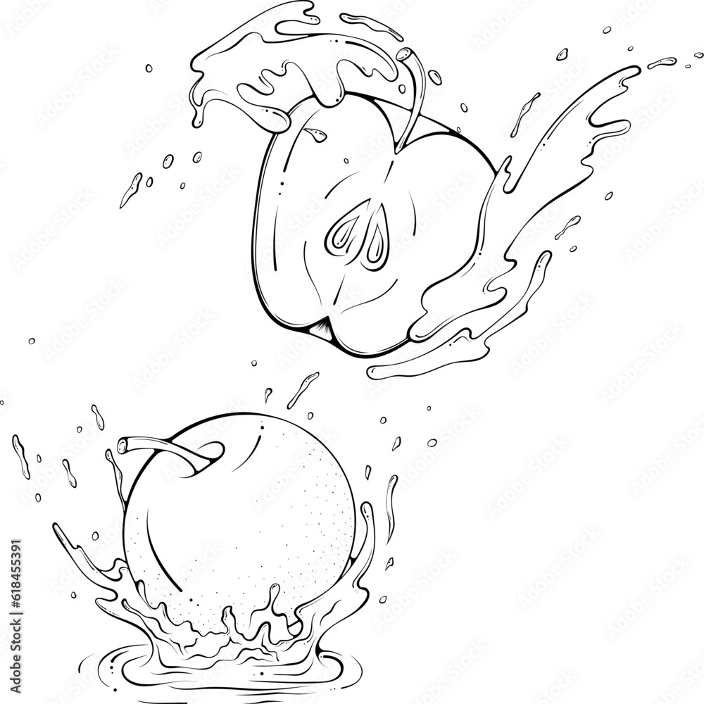 Vecteur Stock Whole and half apple in juice or water splash. Liquid