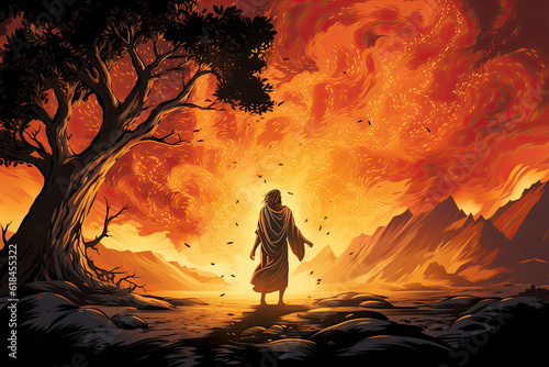 Canvastavla Moses and the burning bush Bible religious illustration, generated ai