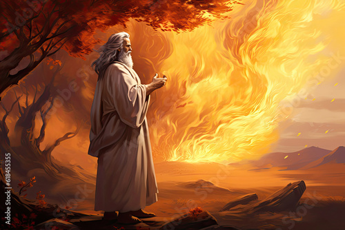 Moses and the burning bush Bible religious illustration, generated ai photo