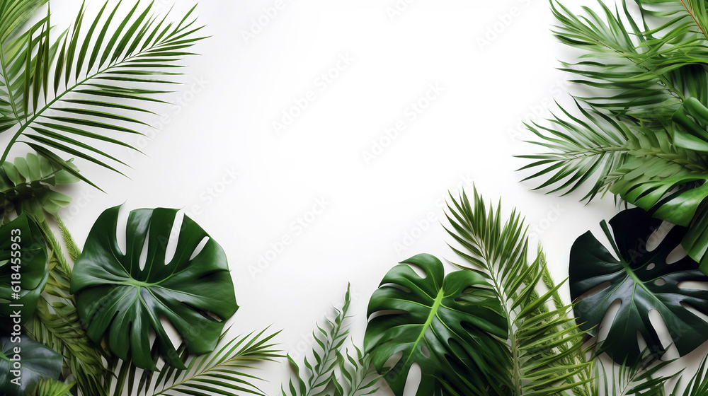 Tropical green leaves on white background. Flat lay, top view, copy space