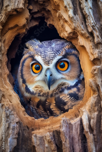 Owl looking out of the hole of a tree