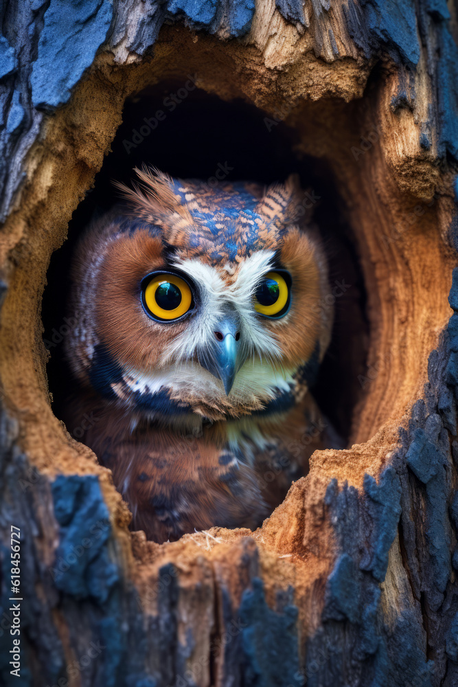 Owl looking out of the hole of a tree Owl looking out of the hole of a tree