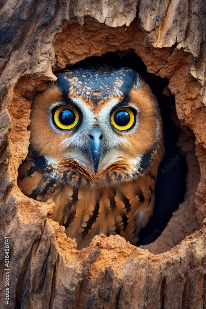 Owl looking out of the hole of a tree Owl looking out of the hole of a tree