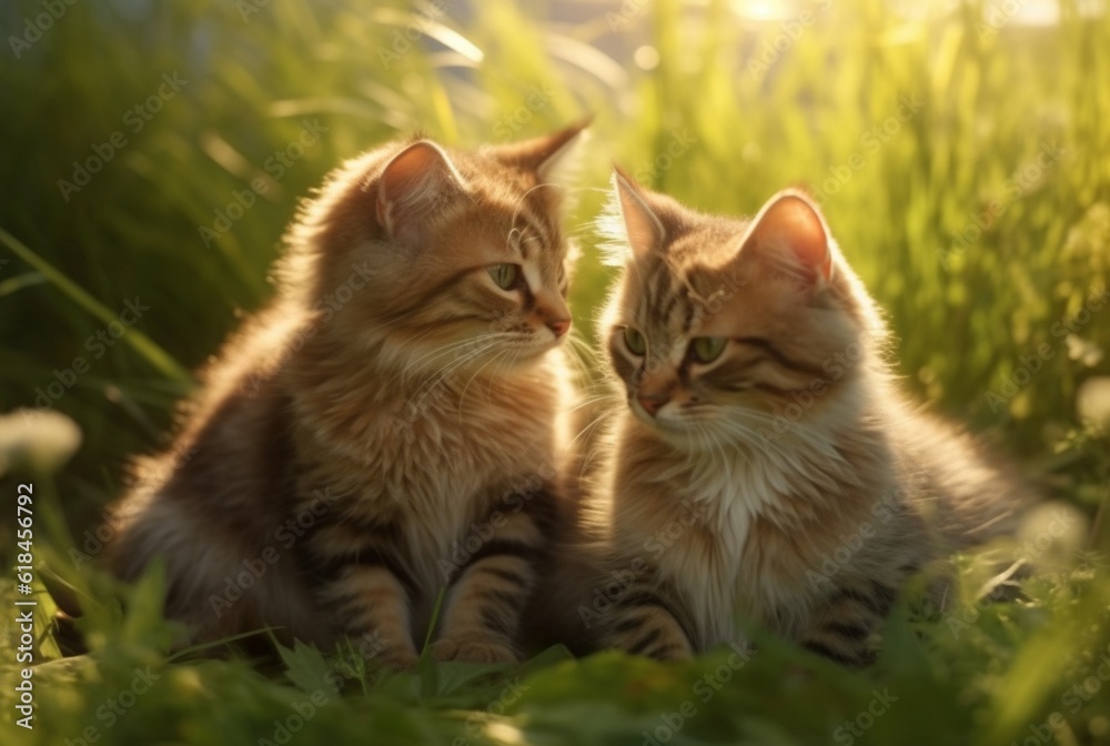 Fototapeta premium Two cute cats on green grass with blurred background of early morning sun