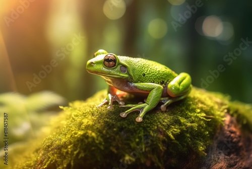 Green frog on a mossy rock with blurred background. generative ai