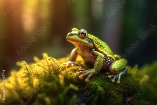 Green frog on a mossy rock with blurred background. generative ai