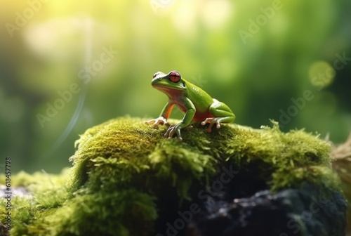 Green frog on a mossy rock with blurred background. generative ai
