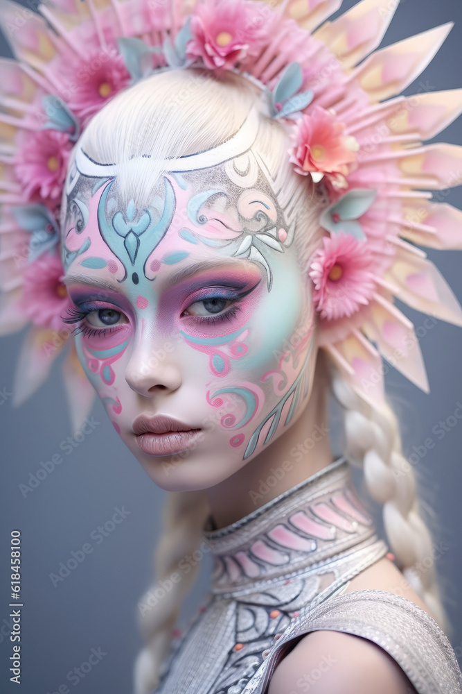 This breathtaking portrait of a woman adorned with colorful face paint and delicate flowers captures a captivating moment of beauty and wonder This breathtaking portrait of a woman adorned with colorful face paint and delicate flowers captures a captivating moment of beauty and wonder