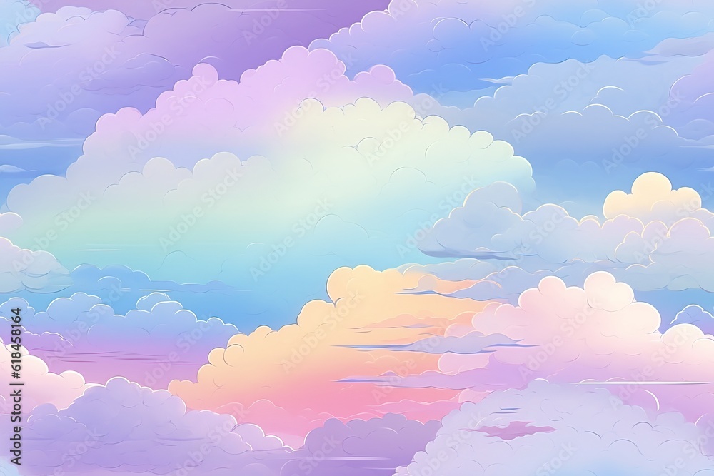 Anime cloud background, neon bright colours, gaming background illustration pattern, repeating cloud pattern