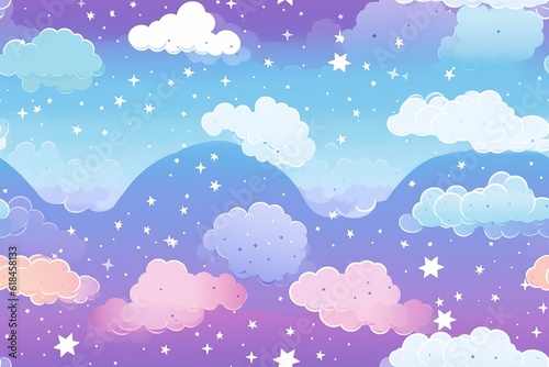 Fototapeta Naklejka Na Ścianę i Meble -  Anime cloud background, neon bright colours, gaming background illustration pattern, repeating cloud pattern