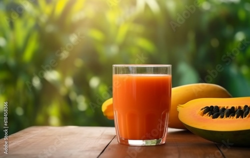 Glass of papaya juice with papaya fruit slices on wooden table with garden blurred background. generative ai