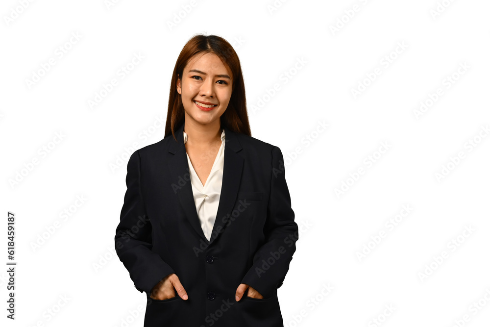 Confident asian businesswoman in black suit posing isolated on white background Confident asian businesswoman in black suit posing isolated on white background