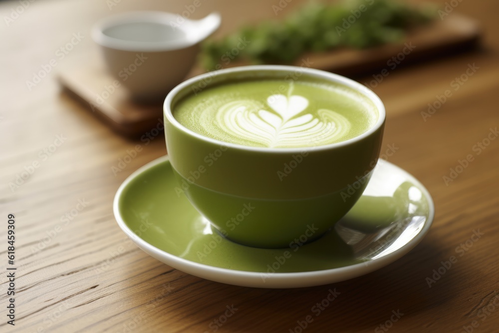 Green matcha tea drink on wooden background, AI Generated Green matcha tea drink on wooden background, AI Generated