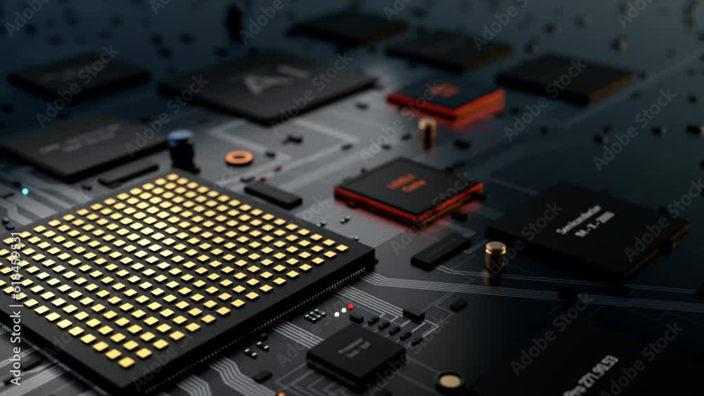 Close-up processors, circuits, and random access memory on the motherboard. Technology, digital, comoputer parts,  and integrated circuit concept.