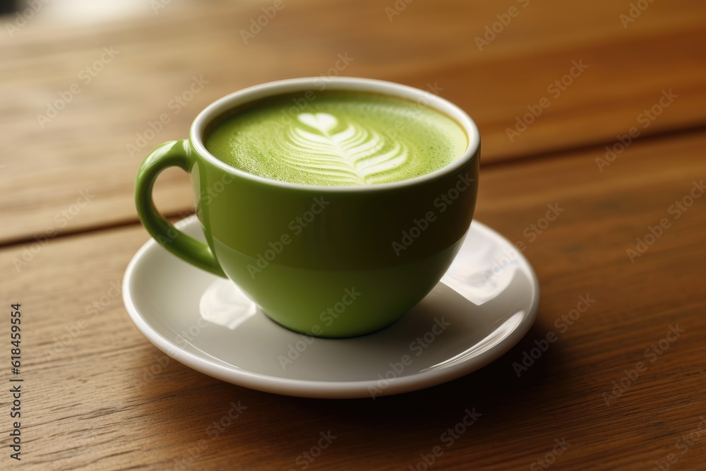 Green matcha tea drink on wooden background, AI Generated Green matcha tea drink on wooden background, AI Generated