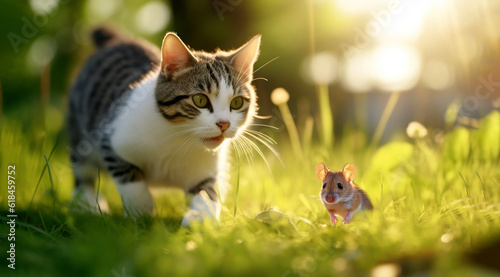 The cat catches the mouse on the green grass.